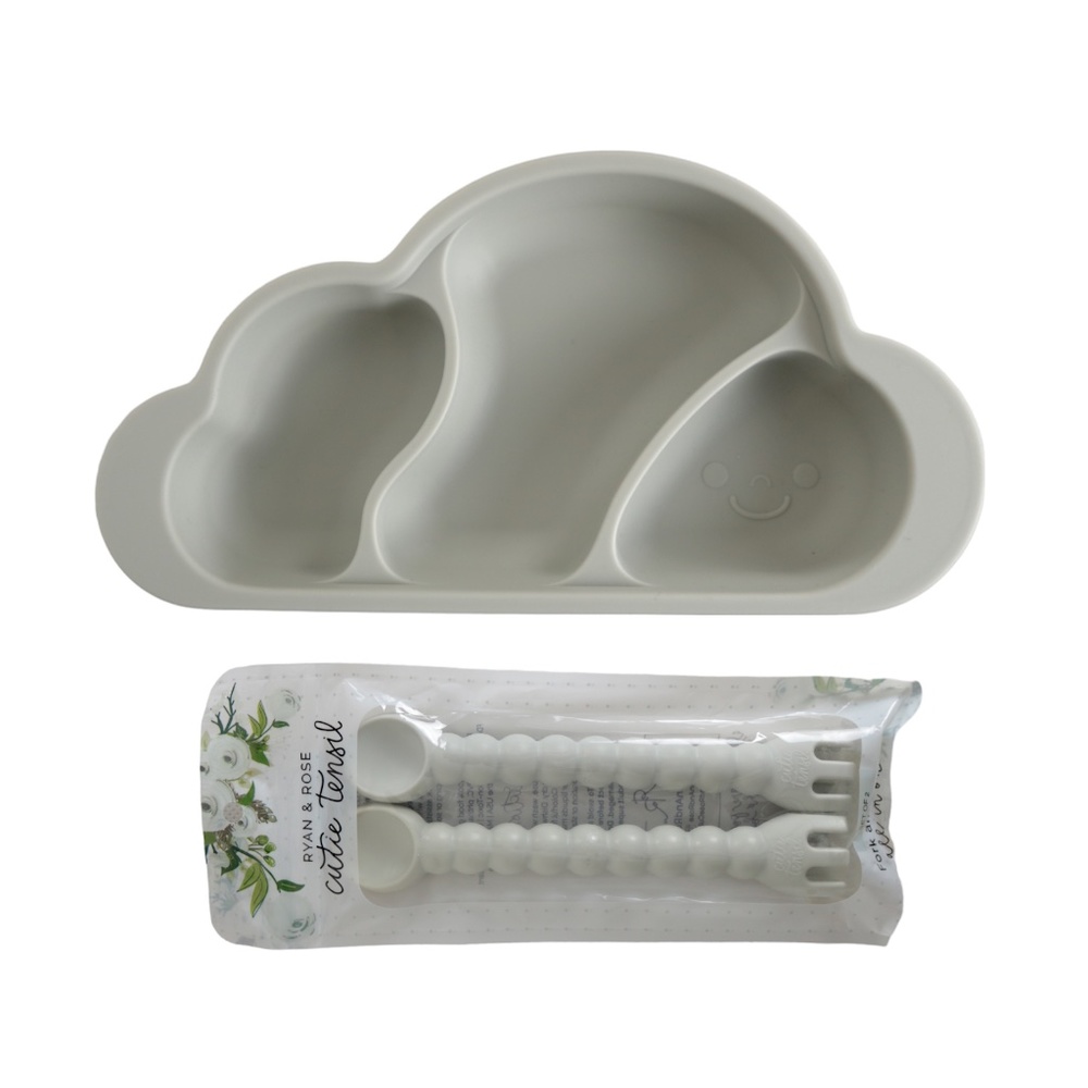 Infant Grey Cloud Divided Suction Plate Food-Grade Silicone Fork & Spoon Utensil